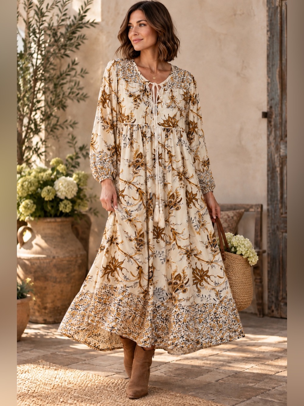 NWT R Vivimos Boho Floral Tassel Maxi Dress Cream Mustard Size S 4/6